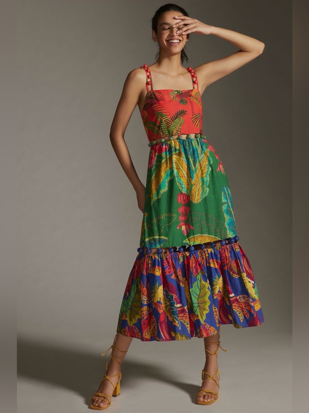 Farm Rio Mixed-Print Tiered Maxi Dress Size Large Women